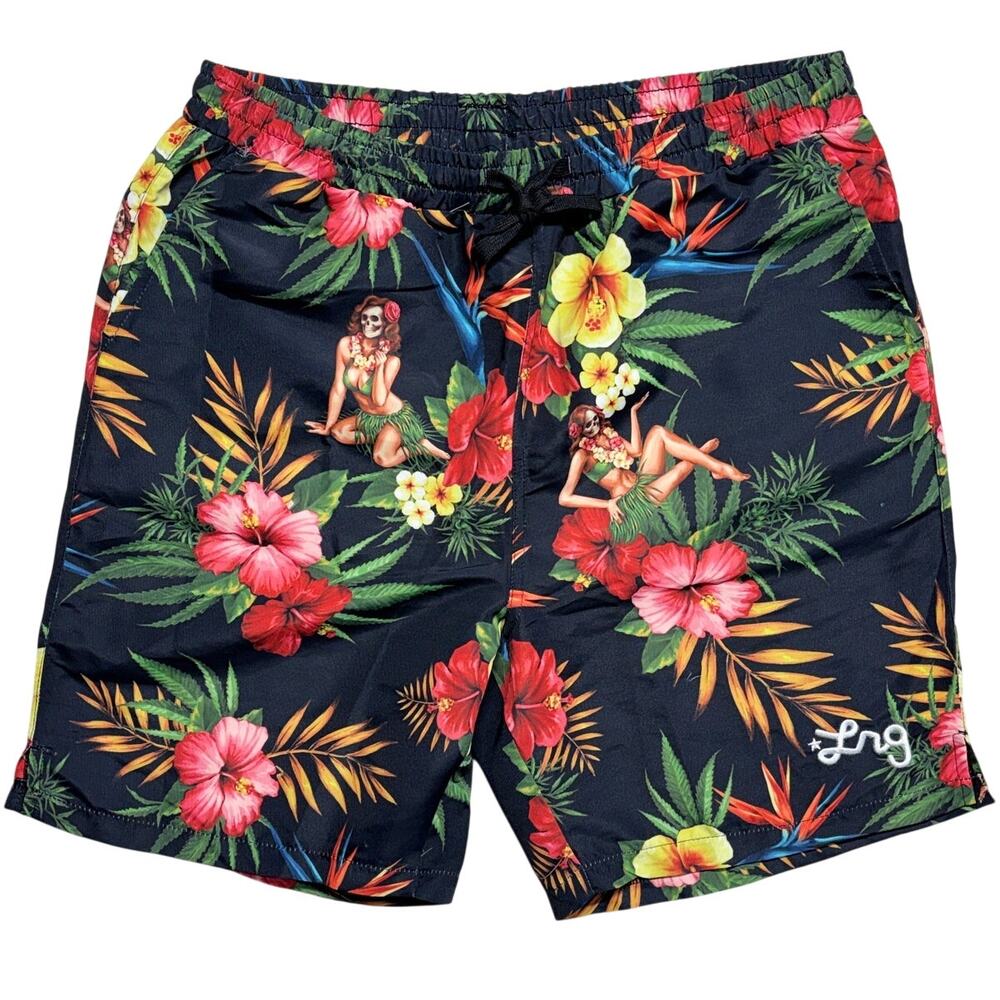 Lifted Research Group LRG Shorts Medium Mens Black Tropical Hula Boardshorts